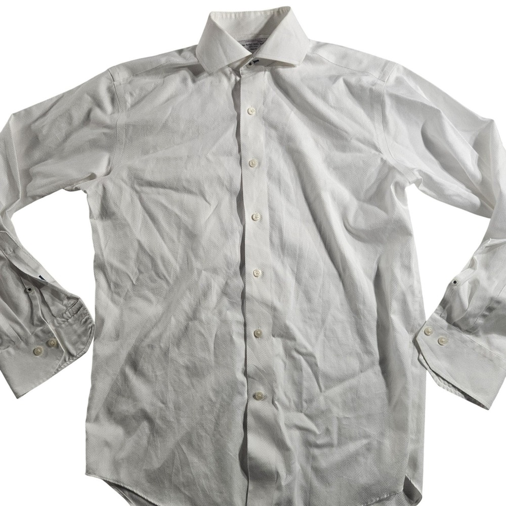 Lorenzo Uomo Shirt Mens Medium White Herringbone Trim Fit Button Front Dress